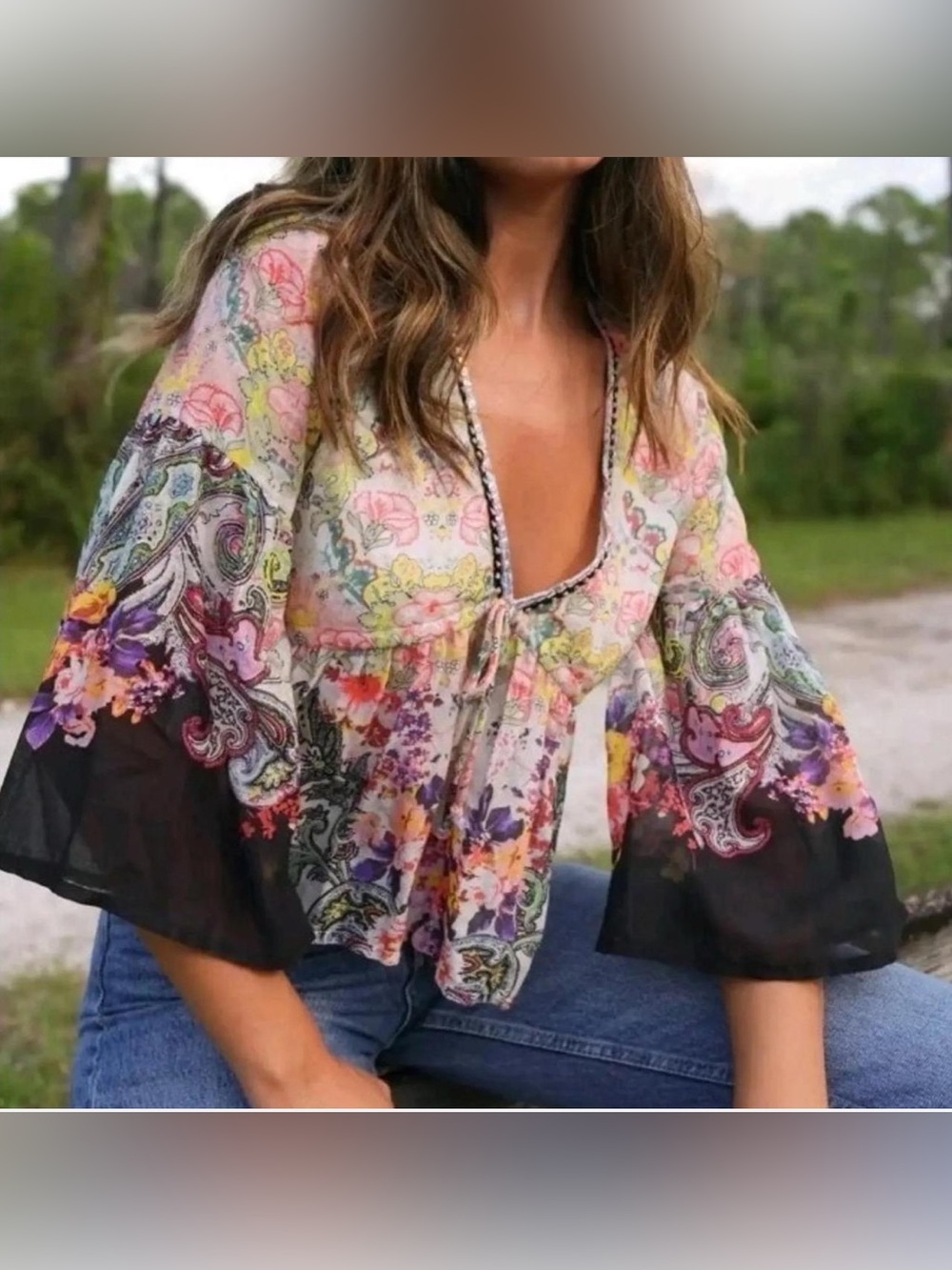 Natural Life Isabella Floral Paisley Sequin Trim Bell Sleeve Babydoll NWOT Sz M